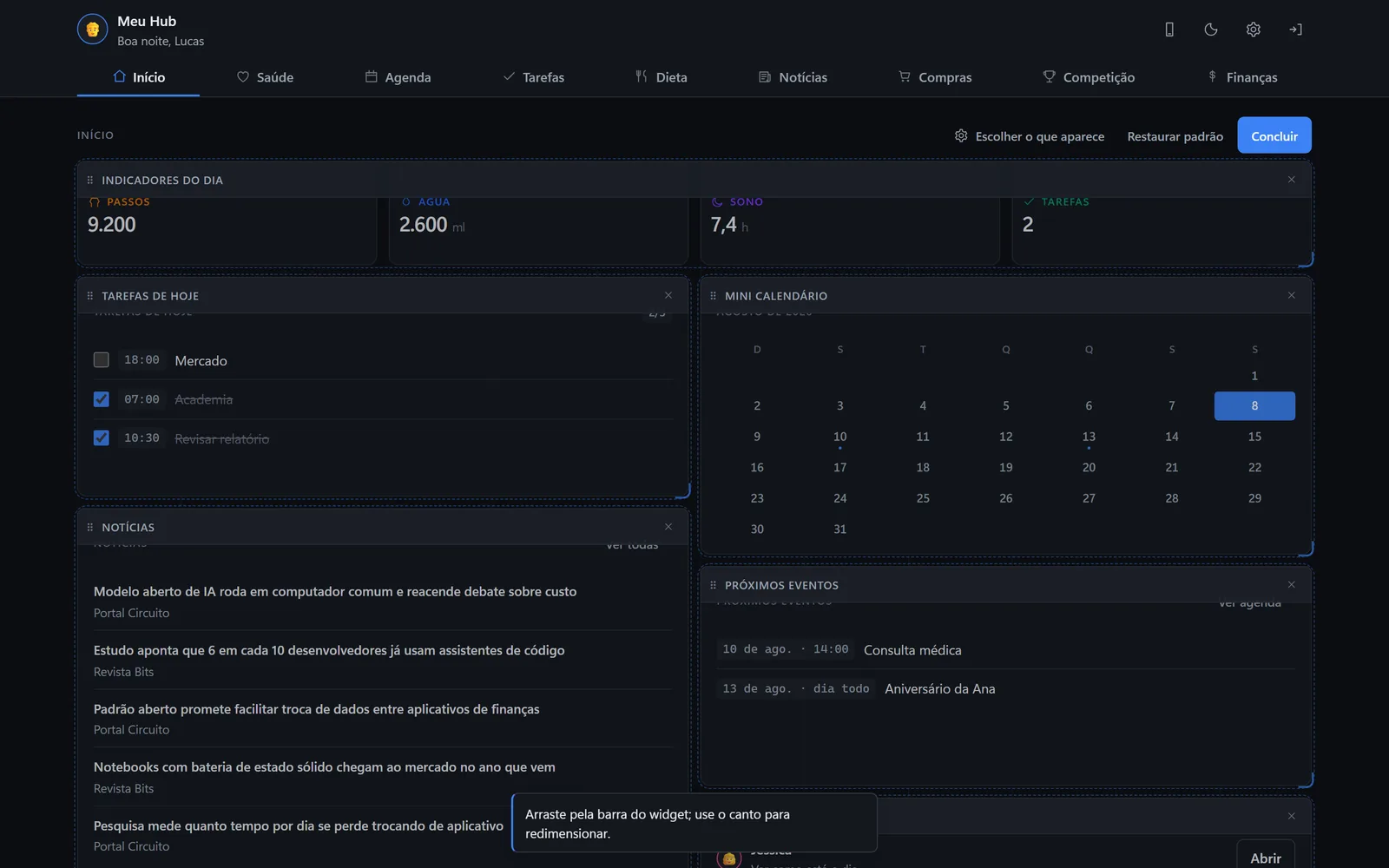 Tela inicial do Hub em modo de edição, com os blocos sendo arrastados