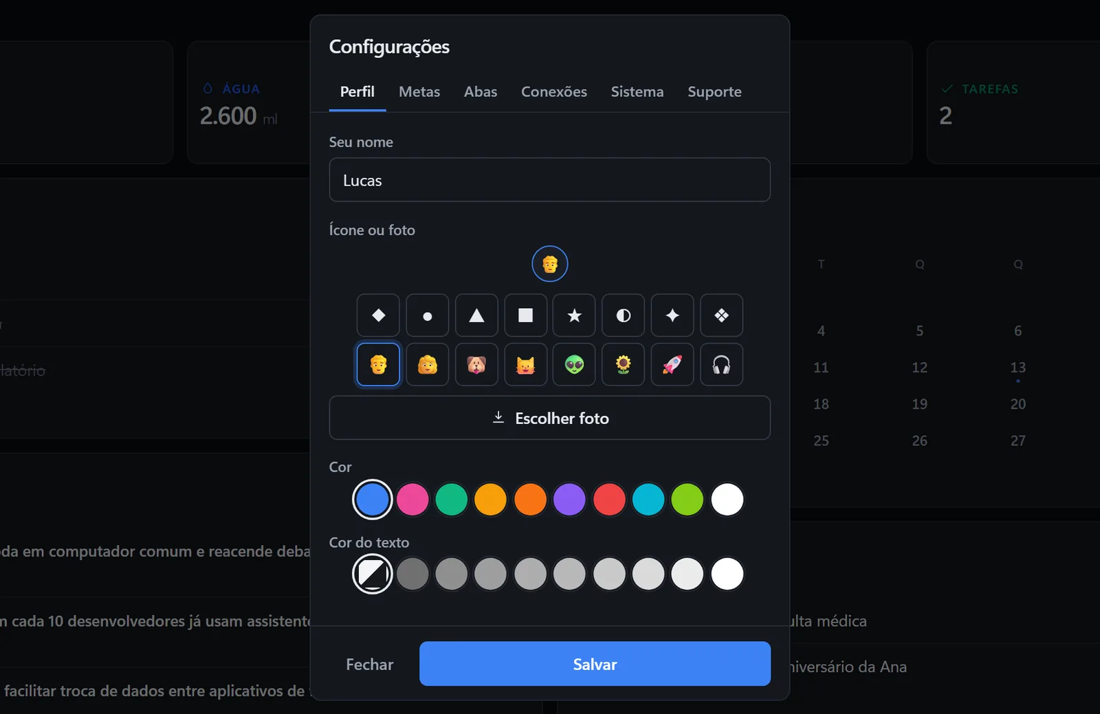 Tela de perfil do Hub, com escolha de ícone, foto, cor do painel e cor do texto